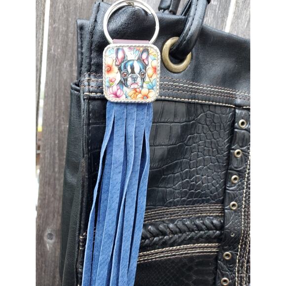 Handmade boho Boston terrier Gift Leather Fringe Western bag charm keychain - Picture 1 of 4
